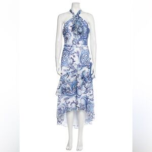 Theia blue white halter neck maxi tiered dress, size US 6